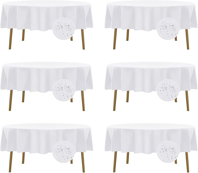 Fokitut 6 Pack Waterproof Round Tablecloth, 70 Inch, Stain Resistant and Wrinkle Polyester Table Cloth, Fabric Table Cover for Kitchen Dining, Wedding, Party, Holiday Dinner-White
