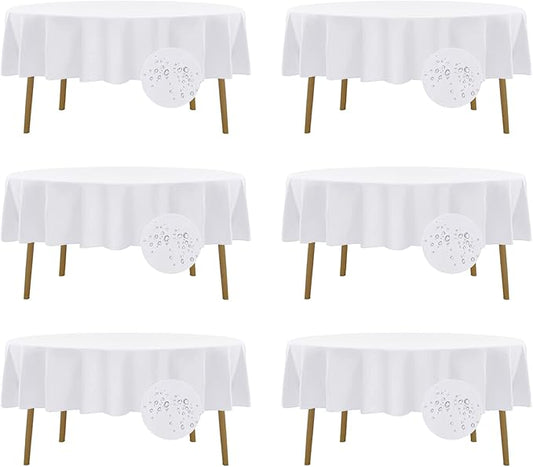 Fokitut 6 Pack Waterproof Round Tablecloth, 90 Inch, Stain Resistant and Wrinkle Polyester Table Cloth, Fabric Table Cover for Kitchen Dining, Wedding, Party, Holiday Dinner-White