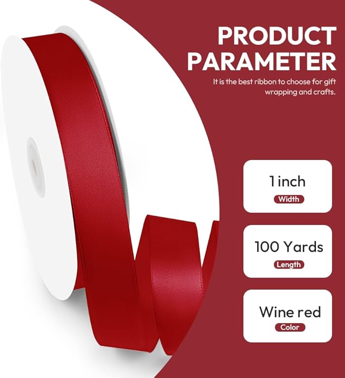 1" x 100 Yards Satin Ribbon - Wine Red Silk Ribbon with Spool - Ideal for Mother's Day Bows, Gift Wrapping, Floral Bouquets, Crafts, Wedding Party Decorations, Christmas and Sewing Projects