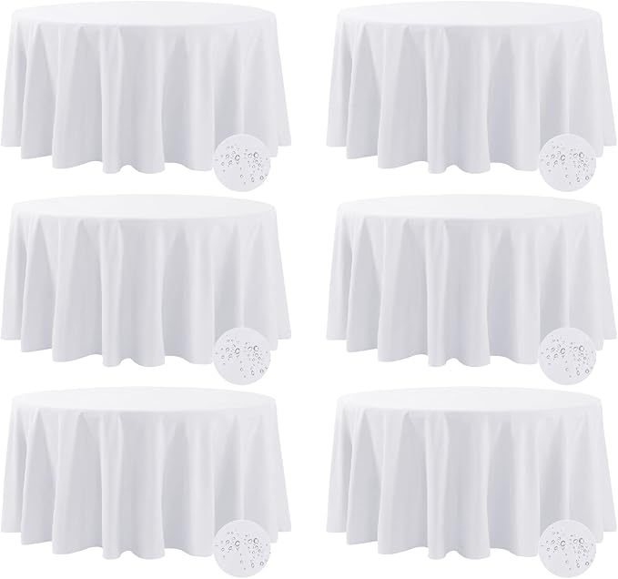 Fokitut 6 Pack Waterproof Round Tablecloth, 108 Inch, Stain Resistant and Wrinkle Polyester Table Cloth, Fabric Table Cover for Kitchen Dining, Wedding, Party, Holiday Dinner-White