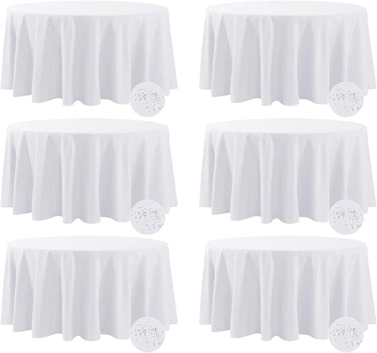 Fokitut 6 Pack Waterproof Round Tablecloth, 108 Inch, Stain Resistant and Wrinkle Polyester Table Cloth, Fabric Table Cover for Kitchen Dining, Wedding, Party, Holiday Dinner-White