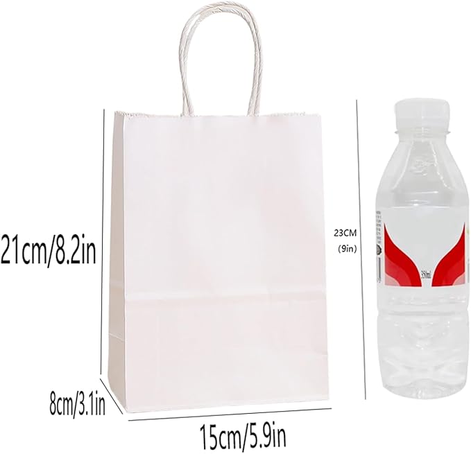 piqiya Small Plain Natural Paper Kraft Gift Bags with Handles White Paper Bag for Birthday Wedding Party Grocery Retail Business Goodie Bags (White，24pcs)