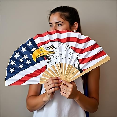Bamboo & Paper Folding Hand Fan – Chinese Craft with Patriotic Bald Eagle American Art Design, Decorative Handheld Fan with Elegant Gift Box for Wedding, Party, Travel & Home Décor