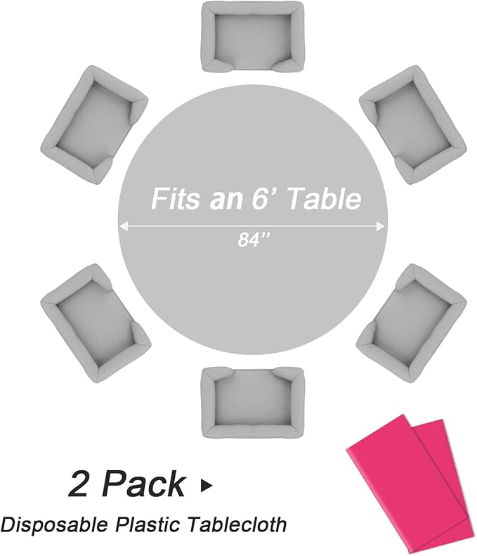 QIKSION Hot Pink Round Tablecloth 2 Pack, 84 Inch Plastic Table Cover Disposable for Parties