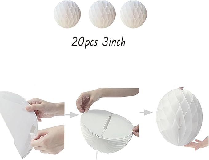 20pcs Honeycomb Flower Balls - Party Decor, Tissue Paper Pom Poms for Birthday, Wedding & Home (3inch, White)