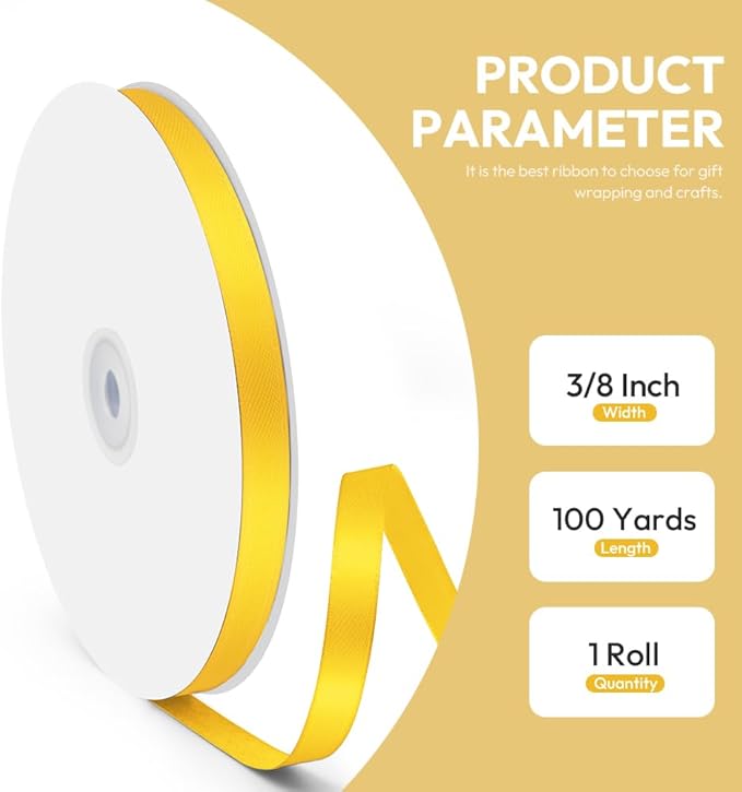 3/8" x 100 Yards Satin Ribbon - Yellow Silk Ribbon with Spool - Ideal for Gift Wrapping, Floral Bouquets, Crafts, Wedding Party Decorations, Christmas and Sewing Projects
