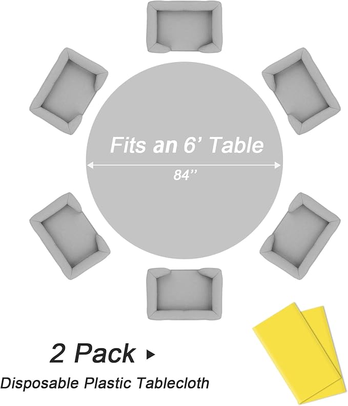 QIKSION Yellow Round Tablecloth 2 Pack, 84 Inch Plastic Table Cover Disposable for Parties