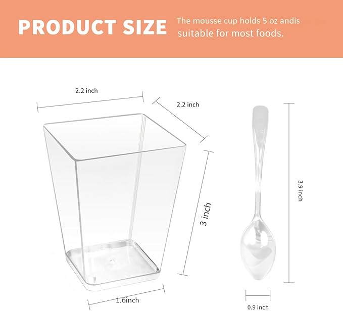 50 Pack 5 oz Clear Plastic Square Dessert Cups with Spoons，Mini Disposable Parfait Cups for Yogurt, Ice Cream and Tasting，Serving Cups for Appetizer，Pudding，Party (5 oz)