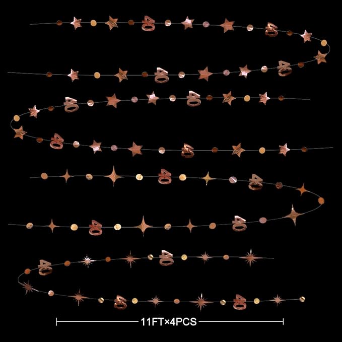 Rose Gold 40th Birthday Decorations Number 40 Circle Dot Twinkle Star Garland Metallic Hanging Streamer Bunting Banner Backdrop for Women 40 Year Old Birthday Forty Anniversary Party Supplies