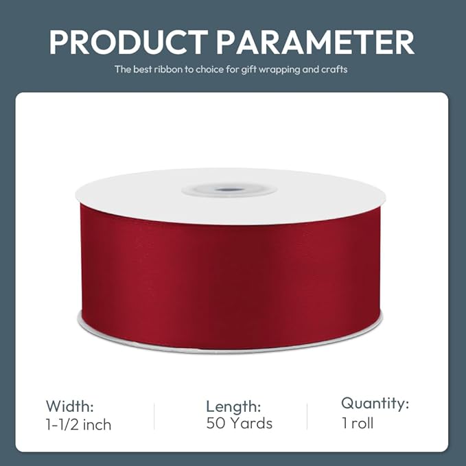 KMER LIFE 1-1/2" Wide x 50 Yards Wine Red Single Faced Polyester Satin Ribbon, Wine Red Satin Ribbon Perfect for Wedding Decor, Wreath, Crafts, Gift Wrapping & Other Projects (Wine Red)