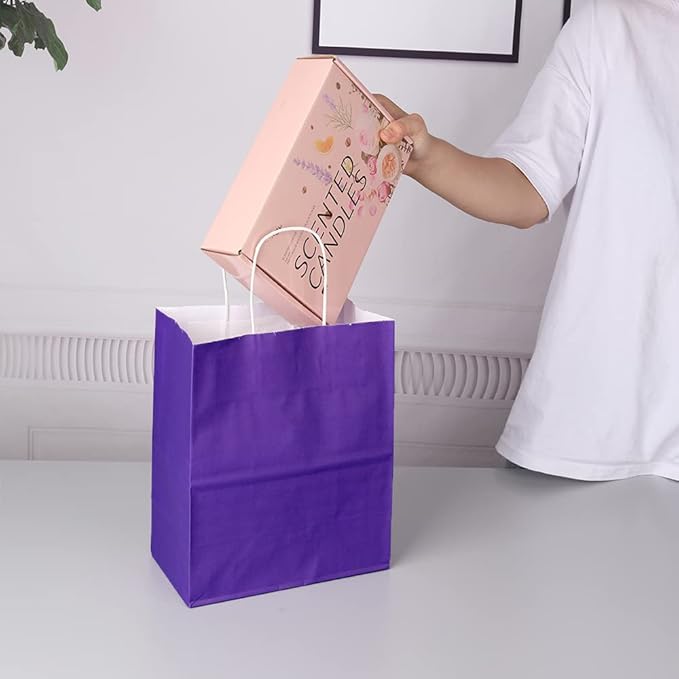 Oikss 50 Pack 8x4.75x10 Inch Medium Purple Kraft Paper Bags with Handles Bulk for Birthday Wedding Party Favors Grocery Retail Shopping Takeout Business Goody Craft Gift Bags Sacks, (50pcs Count)