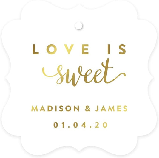 Andaz Press Personalized Fancy Frame Square Wedding Gift Tags, Metallic Gold Ink, Love is Sweet, 24-Pack, Custom Made Any Name