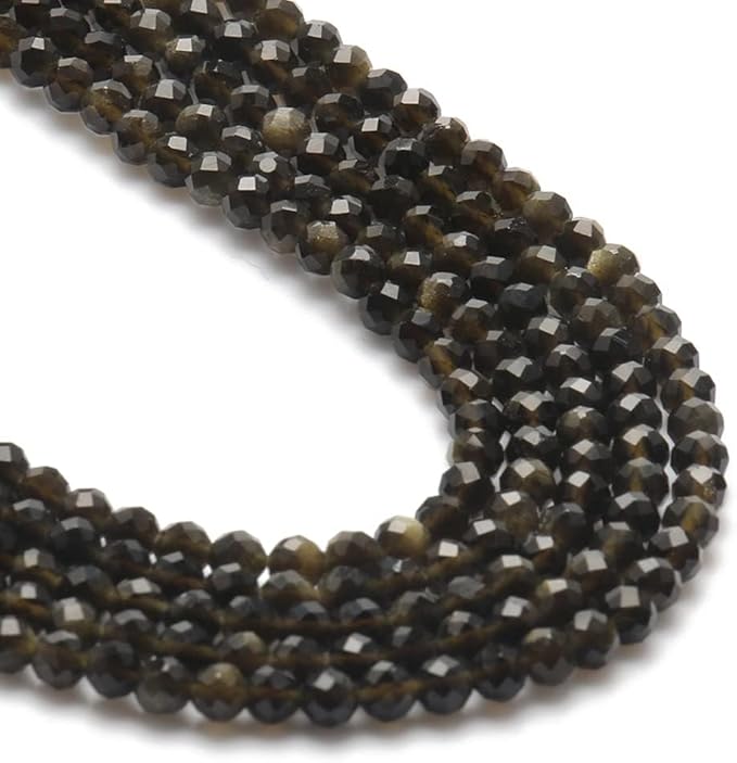 Song Xi 90pcs 4mm Natural Gold Obsidian Gemstone Beads Faceted Round Loose Stone Beads for Jewelry Making