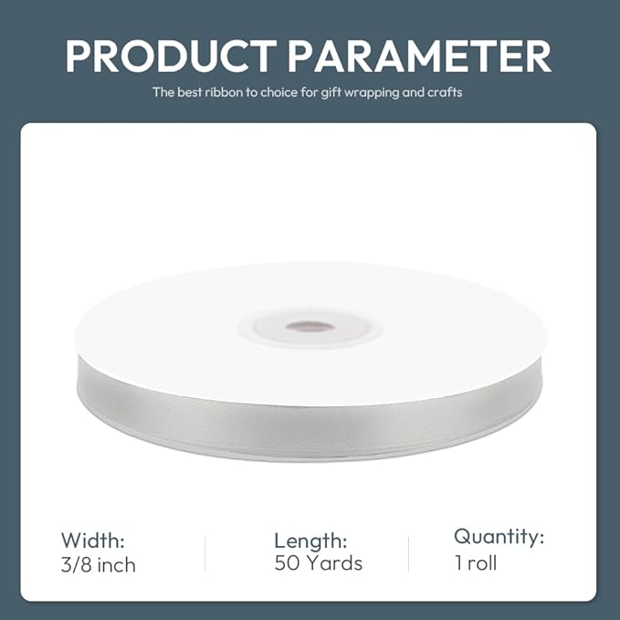 KMER LIFE 3/8" Wide x 50 Yards Silvery Polyester Satin Ribbon, Perfect for Wedding Decor, Crafts, Gift Wrapping & Other Projects