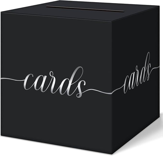 QIKSION Black Wedding Card Box, Silver Foil Gift Card Box for Party, Wedding Reception, Graduation, Birthday, Baby Shower, Raffle