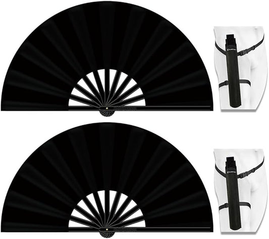 13" Large Folding Rave Fan with Holster, Clack Hand Fans Foldable for Line Dancing, Boots On The Ground Fan for Women Men Festival EDM Party Decoration, Black 2 Pack