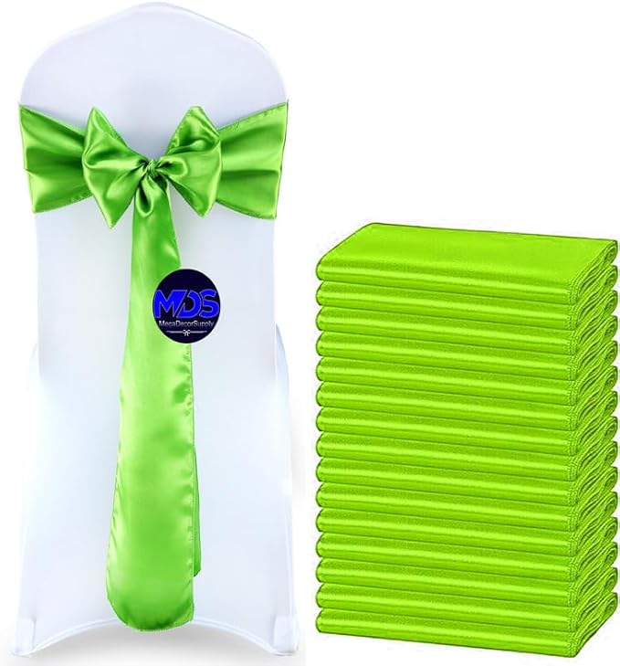 MDS Pack of 25 PCS Satin Chair Sashes Charmeuse Sateen Dining Chair Bows Ribbon Ties Back Sash for Wedding Party Birthday Home Hotel Restaurant Banquet Decoration (7 x 108 Inch, Parrot Green)