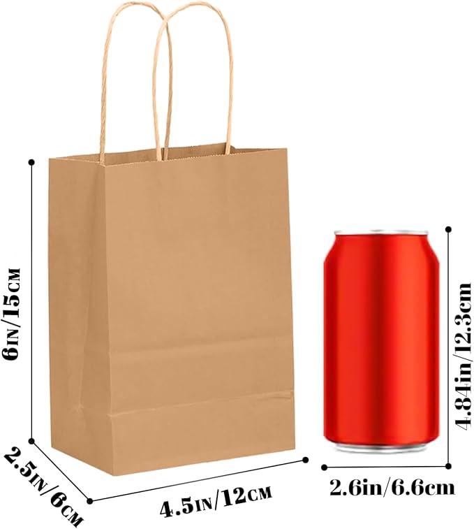 Bakepacker 100 Pcs Brown Mini Paper Gift Bags with Handles 6"x4.5"x2.5" Kraft Party Favor Bags Multiple Uses (Mini size)