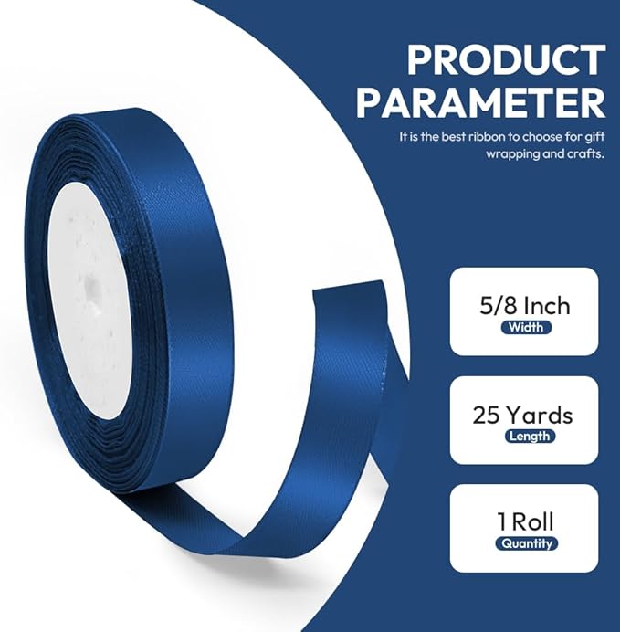 5/8" x 25 Yards Satin Ribbon, Navy Blue Silk Ribbon Ideal for Gift Wrapping, Floral Bouquets, Crafts, Wedding Party Decorations, Christmas and Sewing Projects