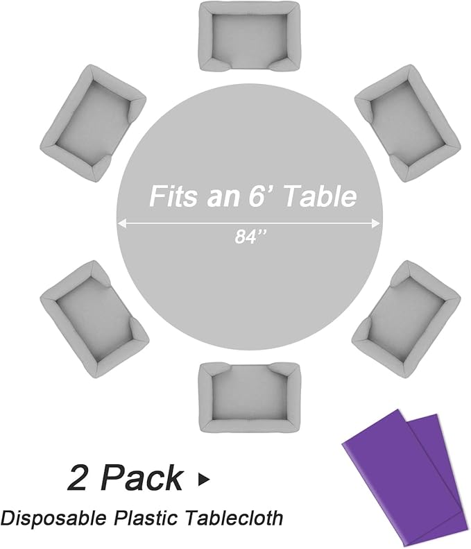 QIKSION Purple Round Tablecloth 2 Pack, 84 Inch Plastic Table Cover Disposable for Parties