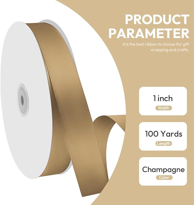 1" x 100 Yards Satin Ribbon - Champagne Gold Silk Ribbon with Spool - Ideal for Gift Wrapping, Floral Bouquets, Crafts, Wedding Party Decorations, Christmas and Sewing Projects