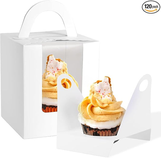 JCD 120Packs Cupcake Boxes with Window and Handle and Insert,Individual Disposable White Single Cupcakes Box Individuals Cupcake Holders White Single Cupcakes Boxes Containers (White/120Pcs)