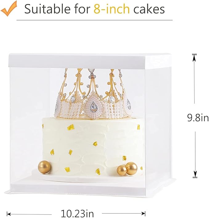 XININSUN 2Pcs Large Cake PET Clear Box, 10" X 10" X 9" with ribbon and pre-folded lid, for 8" cake packing carry, baking cookie display, Carry Tall Layer Gift, Festive Gift Box -White