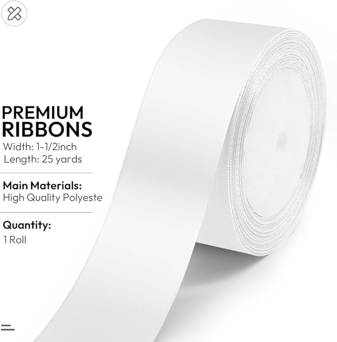 KMER LIFE 1-1/2 Inches x 25 Yards Solid White Satin Ribbon, Perfect for Crafts, Wedding Decor, DIY Hair Accessories, Sewing, Gift Package Wrapping and More