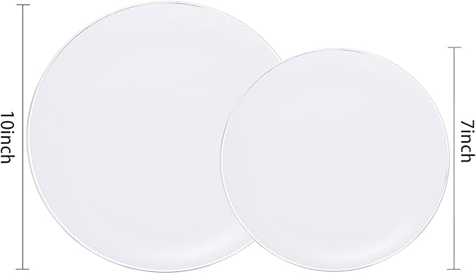 KIRE 200PCS Silver Plastic Plates - White Plastic Plates with Silver Rim Include 100 Dinner Plate and 100 for Dessert/Salad Plate for Birthday/Wedding/Party for Christmas