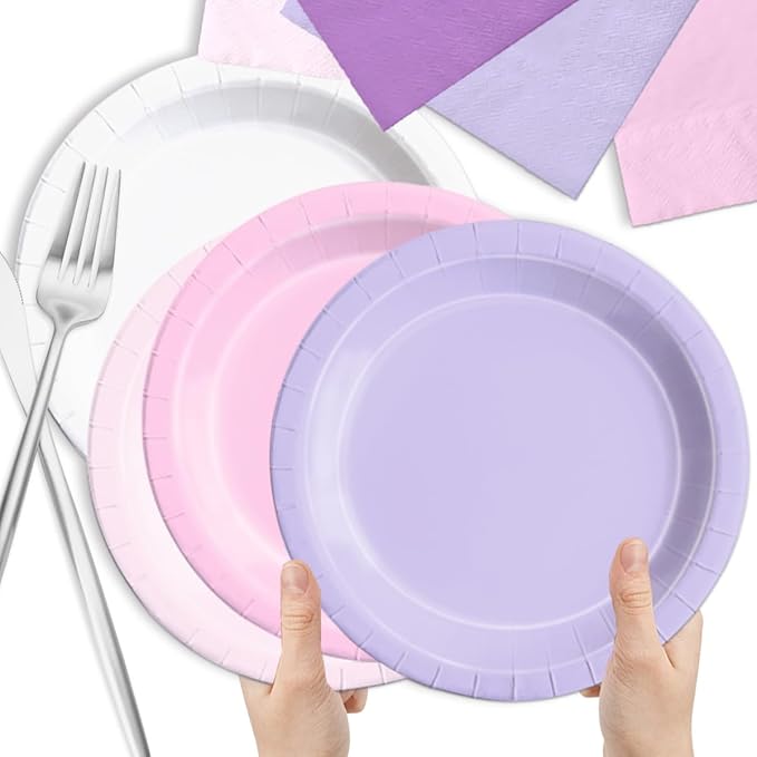 CMUSKO Pink and Purple Decorations-150Pcs Light Purple Pink Plates and Napkins Serves 50,Lavender Tableware Birthday,Birthday,Wedding