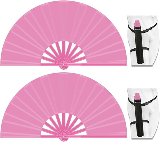 13" Large Folding Rave Fan with Holster, Clack Hand Fans Foldable for Line Dancing, Boots On The Ground Fan for Women Men Festival EDM Party Decoration, Pink 2 Pack
