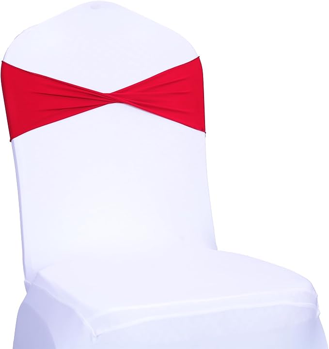 MDS Pack of 25 Spandex Chair Sashes Bows Elastic Stretch Dining Chair Bands Ties Without Slider Buckle Universal fits for Wedding Baby Shower Birthday Party Banquet Event Decoration - Red