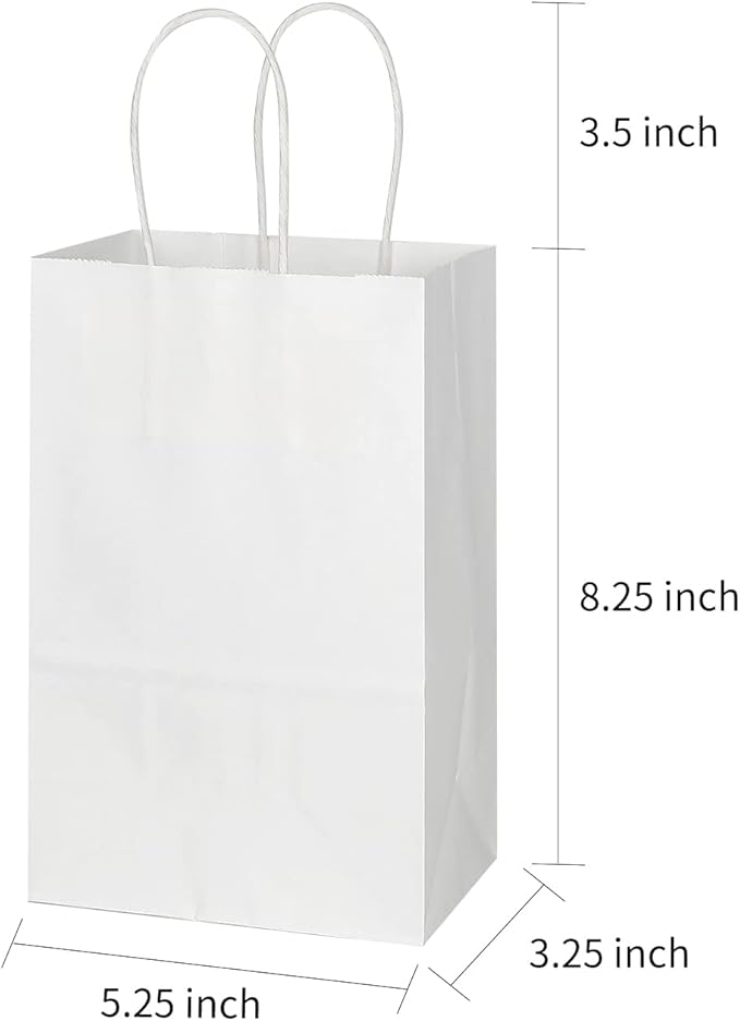 Toovip 50 Pack 5.25x3.25x8.25 Inch Small White Kraft Paper Bags with Handles Bulk, Gift Wrap Bags for Favor Grocery Retail Party Birthday Shopping Business Goody Craft Merchandise Take Out Cub Sacks