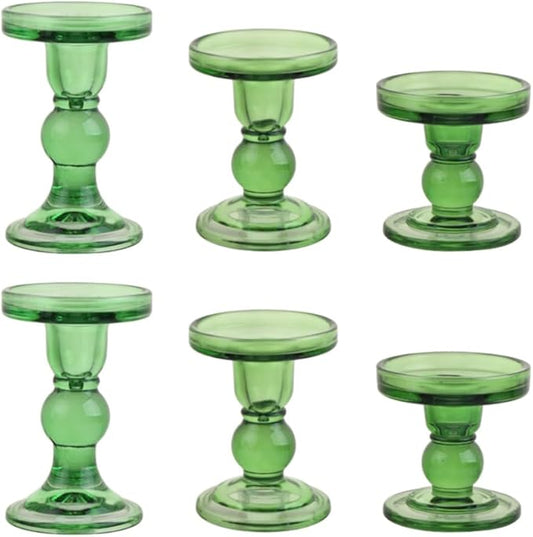 6-Piece Set of Green Glass Candlestick, Crystal Candlestick Holder Holder and Conical Candle, Christmas Candle Holder Decoration, Family Living Room Wedding Candle Holder (green2sets)