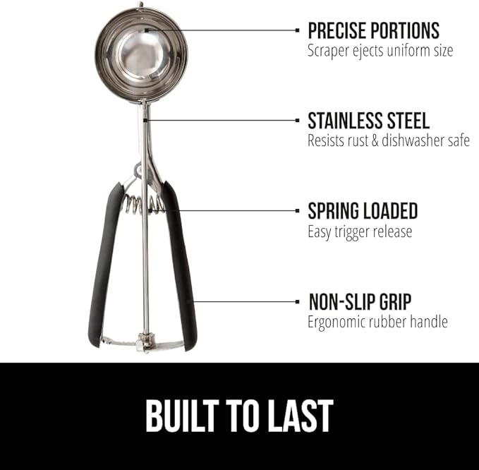 GORILLA GRIP Stainless Steel Cookie Scoop for Baking, 2 TSP, Multipurpose Melon Baller, Meatball Spring Scoops, Perfect Portion Sizes, Easy Food Release, Scooper Size 100, BPA-Free Kitchen Tool, Black