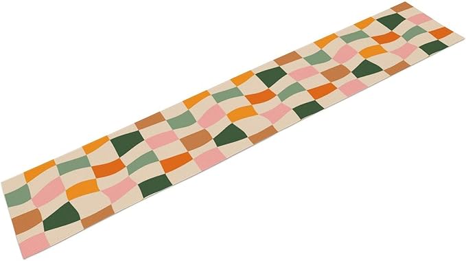Hippie Table Runner, Vintage Geometric Square Orange Green Pink Grid 60s 70s Style Kitchen Dining Room Decor for Indoor Outdoor Wedding Party Table Runner 13x70 Inch
