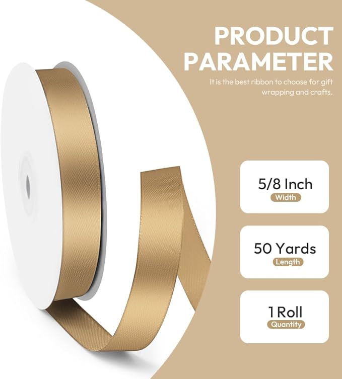 5/8" x 50 Yards Satin Ribbon - Champagne Gold Silk Ribbon with Spool - Ideal for Gift Wrapping, Floral Bouquets, Crafts, Wedding Party Decorations, Christmas and Sewing Projects