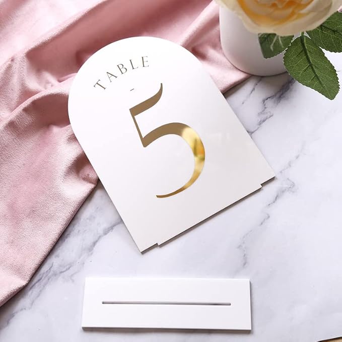 UNIQOOO White Arch Wedding Table Numbers with Stands 1-20, Gold Foil Printed 5x7 Double sided Acrylic Signs and Holders, Perfect for Centerpiece, Reception, Decoration, Party, Anniversary, Event