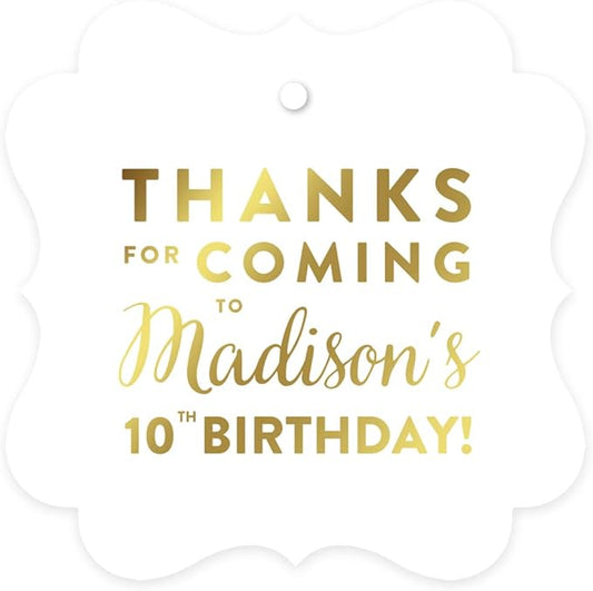Andaz Press Personalized Fancy Frame Square Birthday Gift Tags, Metallic Gold Ink, Thanks for Coming to Madison's 10th Birthday Block Style, 24-Pack, Custom Made Name Age