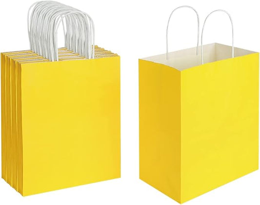 Oikss 50 Pack 8x4.75x10 Inch Medium Yellow Kraft Paper Bags with Handles Bulk for Birthday Wedding Party Favors Grocery Retail Shopping Takeout Business Goody Craft Gift Bags Sacks, (50pcs Count)