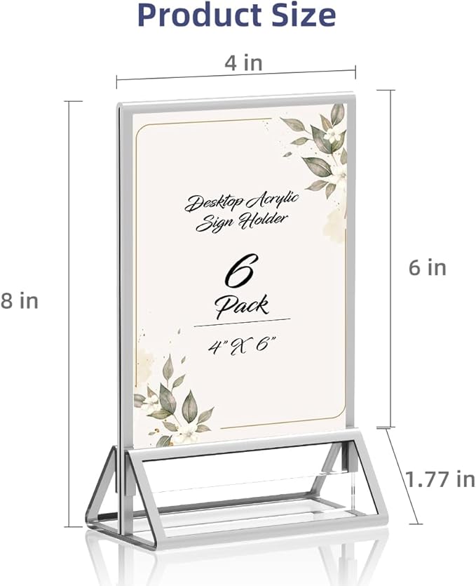 Clear Acrylic Sign Holder 4X6 with Silver Borders Display Stand, Double Sided Acrylic Picture Frames Plastic Sign Holder for Wedding Table Numbers Menu Holder (6 Pack)