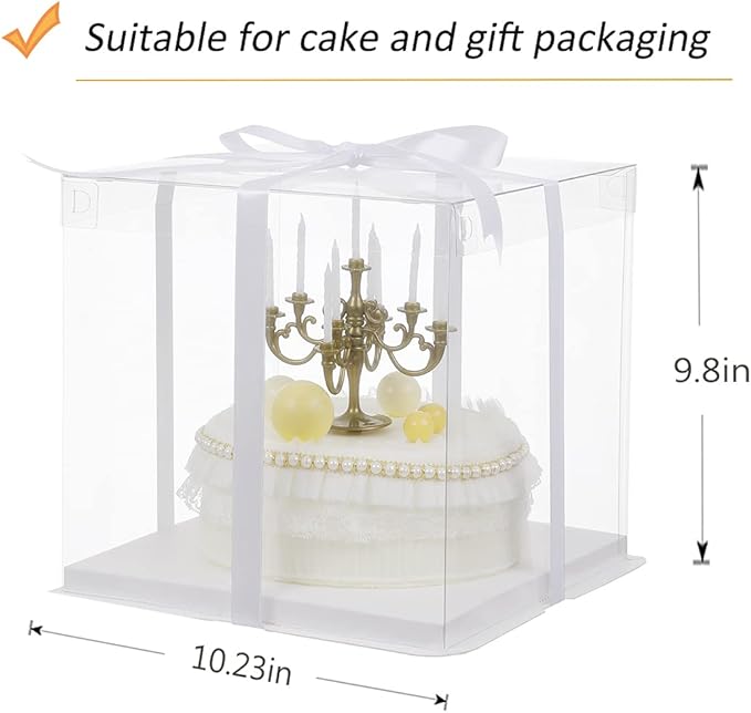 XININSUN 10 inch Clear cake Box, Large Transparent cake Box,tall cake boxes with Ribbon,10x10x9inch - Suitable for packing 8" or 10" cakes,Clear Gift Display Box for Carry Tall Layer Gift-6Pcs-White