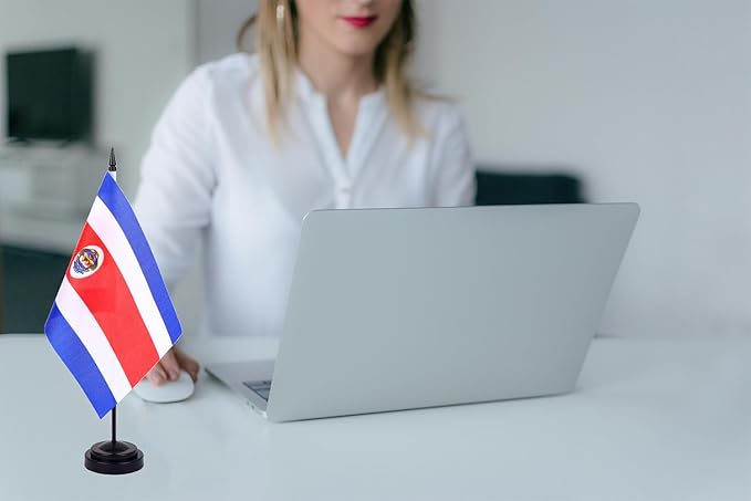 WXTWK 2 Pack Costa Rica Flag Costa Rica Deluxe Desk Flag Set - Mini Small Costa Rica Table Office Flags with Black 12" Solid Pole Stand Base Classroom Meeting Desktop Decorations