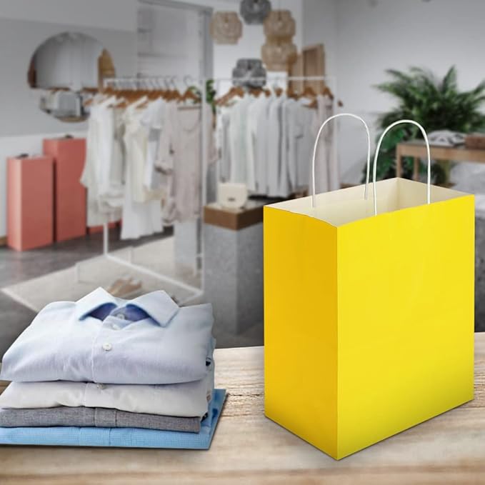 Oikss 50 Pack 8x4.75x10 Inch Medium Yellow Kraft Paper Bags with Handles Bulk for Birthday Wedding Party Favors Grocery Retail Shopping Takeout Business Goody Craft Gift Bags Sacks, (50pcs Count)