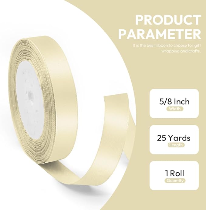 5/8" x 25 Yards Satin Ribbon, Ivory Silk Ribbon Ideal for Gift Wrapping, Floral Bouquets, Crafts, Wedding Party Decorations, Christmas and Sewing Projects