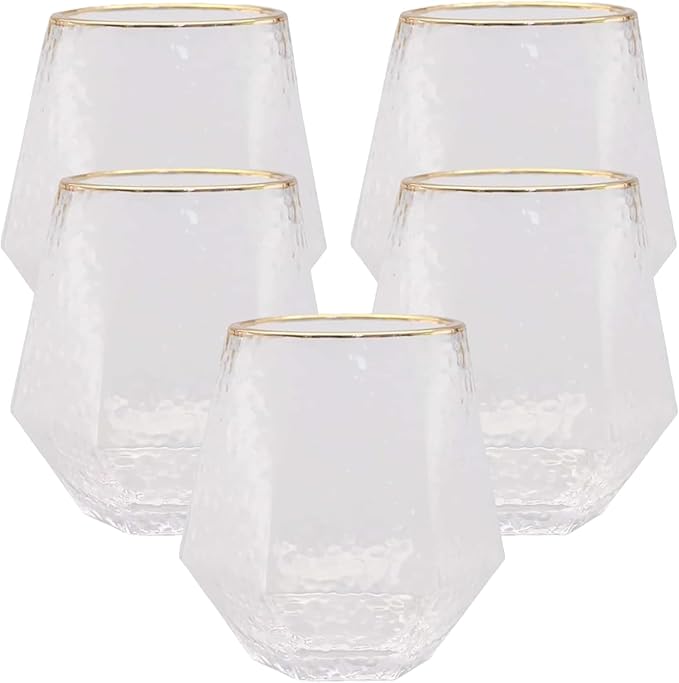 40 count Diamond Unbreakable Stemless Plastic Wine Champagne Whiskey Glasses Elegant Durable Disposable Indoor Outdoor Ideal for Home, Office, Bars, Wedding, 12 Ounce Cups (Hammered Gold Rim)
