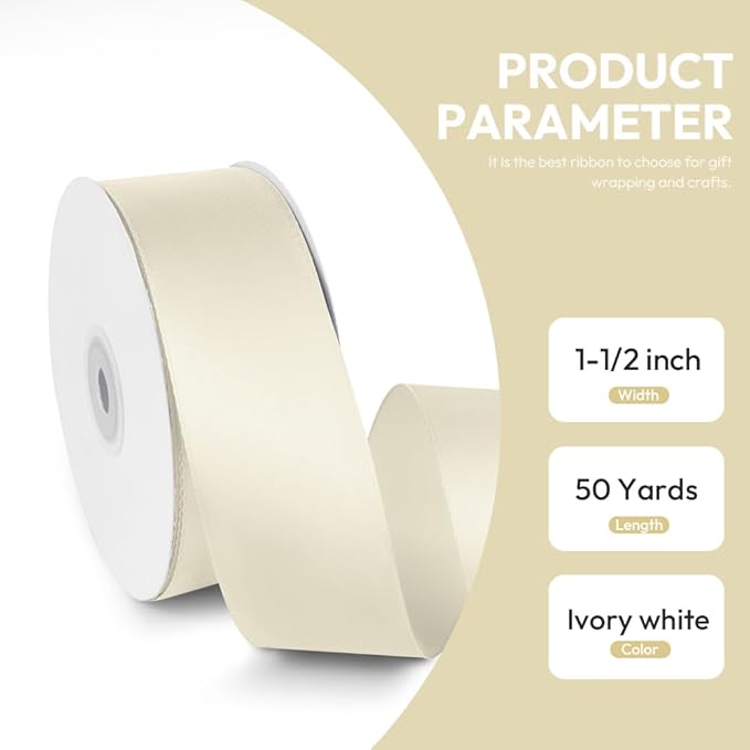 1-1/2" x 50 Yards Satin Ribbon - Ivory Silk Ribbon with Spool - Ideal for Gift Wrapping, Floral Bouquets, Crafts, Wedding Party Decorations, Christmas and Sewing Projects