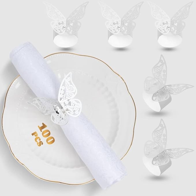 100 Pcs Napkin Rings Laser Cut Butterfly Shape Foil Paper Napkin Holder for Weddings Party Serviette Table Decoration Restaurant (Silver)