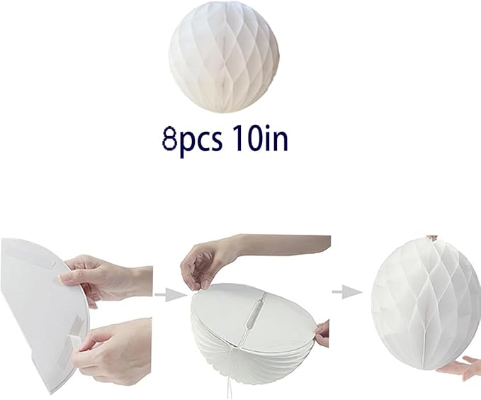 8pcs 10 inch Paper Honeycomb Balls Decorative Tissue Pom Poms Flower Art Hanging Balls for Birthday Wedding Nursery Baby Shower Home Decor (10inch, White)