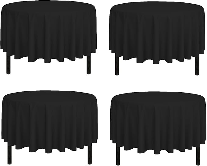 Pomp Black 90" Inch Round Premium Polyester Tablecloth (4 Pack) | Wrinkle + Stain Resistant Easy Care Fabric | Fits Round or Circle Table